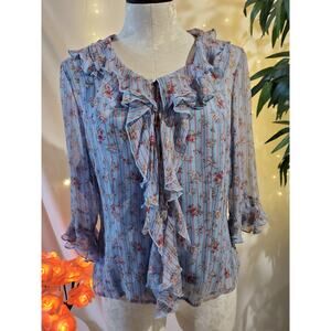 TESS Women's 12 100% Silk Floral Ruffle Cottagecore Button Blouse Tank 2 PC Set